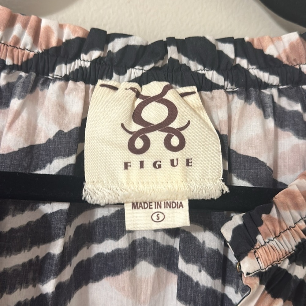 Figue Bella Short Dress Chevron Black,White,Tan Smocked Cuffs Small Boho Boho - Picture 8 of 13